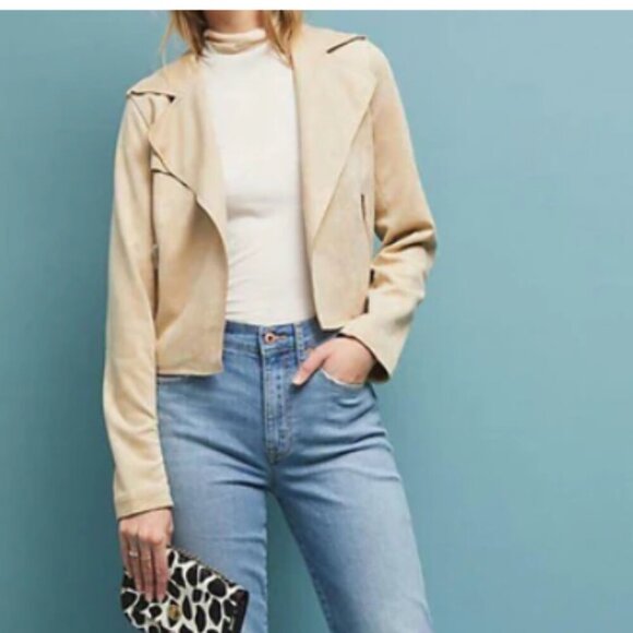 Anthropologie Moto Crop Micro-Suede Jacket Womens XL Beige Open Front Pockets - Picture 2 of 6